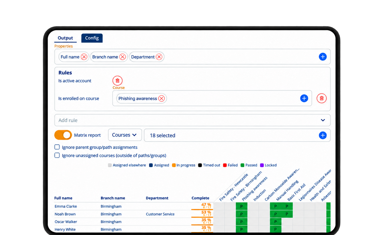 Report configuration with employee fields, course filters and a training matrix