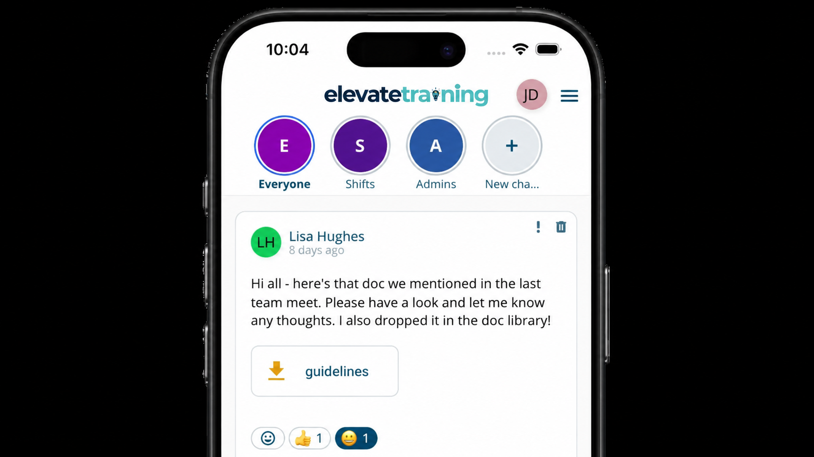 Elevate channel feed on a phone showing a team post with an attached document and colleague reactions