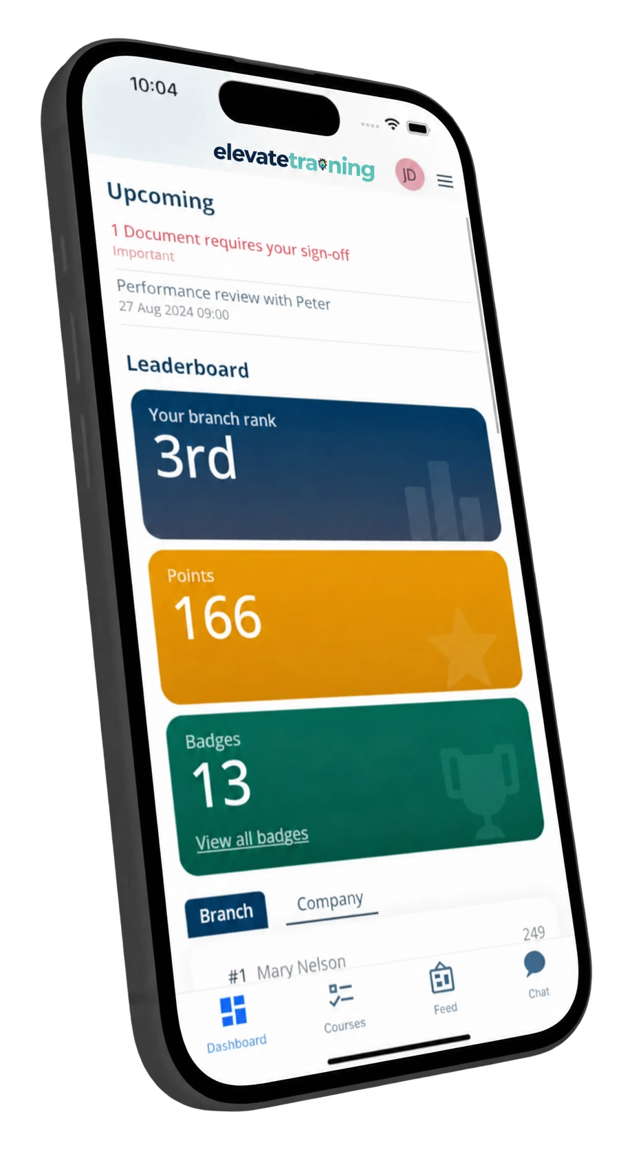 Elevate learner home screen on a phone, showing the learner's leaderboard position and points