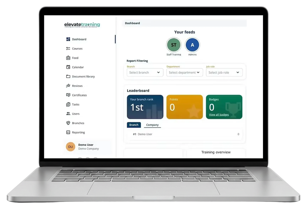 Elevate learning management dashboard on a laptop, showing training feeds, reporting filters and progress